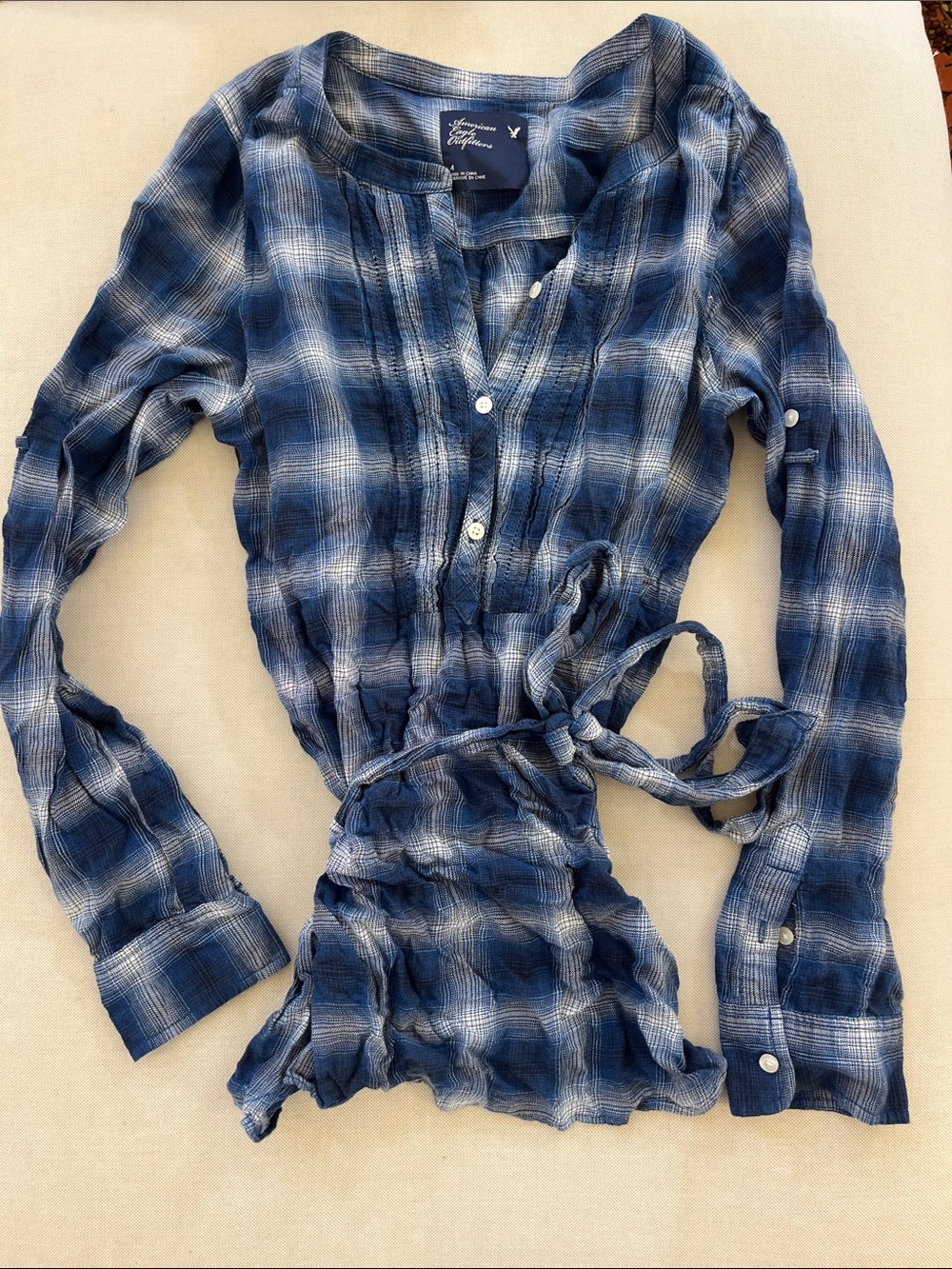 American Eagle Outfitters Navy and White Plaid Button-Front Tie-Waist Tunic